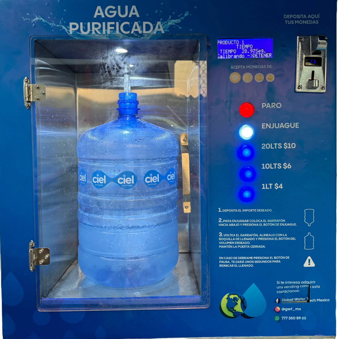 Ventana Despachador Automatico  24/7 con el mejor sistema de despacho de agua del mercado. Este equipo robusto y funcional está diseñado para ofrecer operación sin supervisión, alta capacidad y una experiencia de usuario intuitiva.