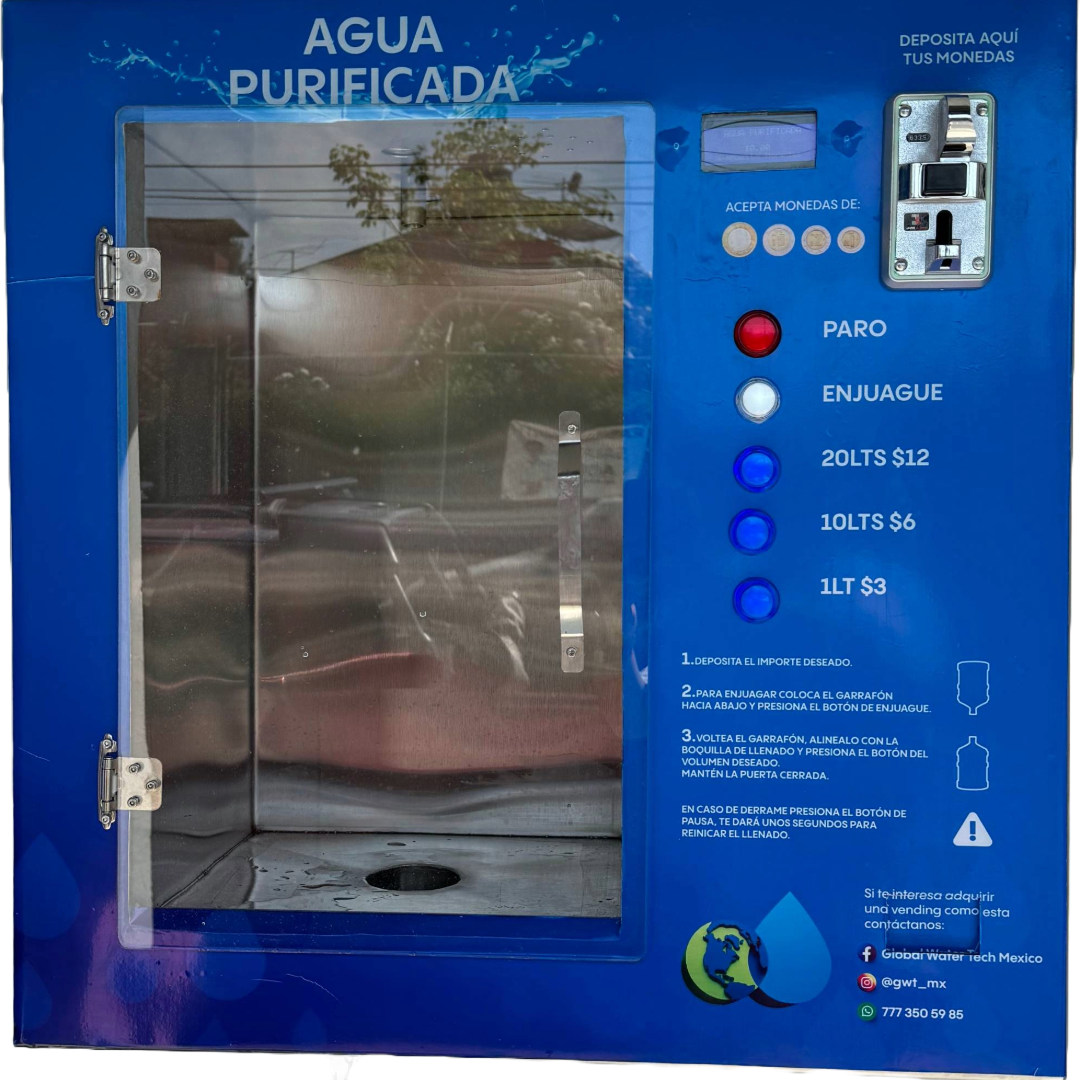 Ventana Despachador Automatico  24/7 con el mejor sistema de despacho de agua del mercado. Este equipo robusto y funcional está diseñado para ofrecer operación sin supervisión, alta capacidad y una experiencia de usuario intuitiva.
